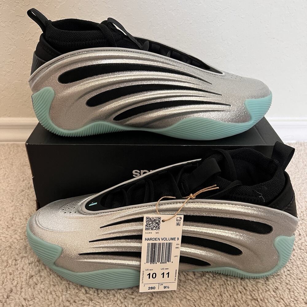 Adidas Harden Volume 9 Uno Metallic Silver Black Aqua JS1028 Men’s Size 10 NWT